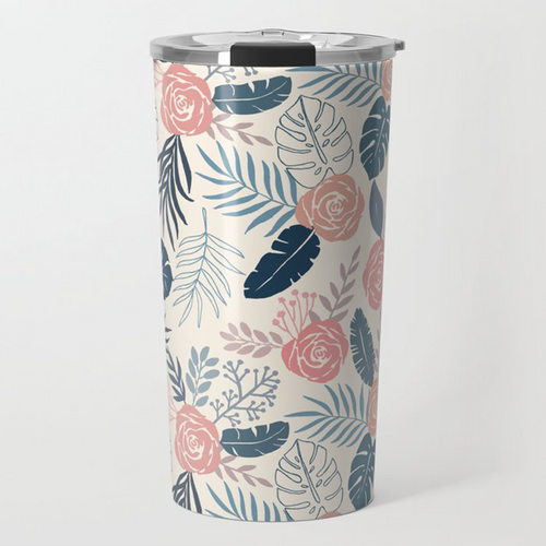 Blue and Blush Tropical Floral Travel Mug